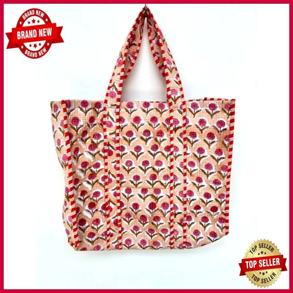 Large Reversible Quilted Cotton Tote Bag Hand Block Print Floral